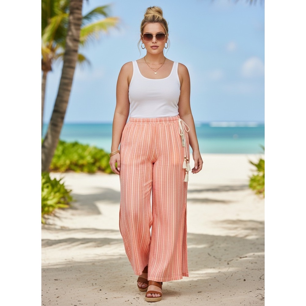 NWT No Boundaries Wide Leg Pants Sz L 12-14 Orange Striped NEW Tassel Gauze